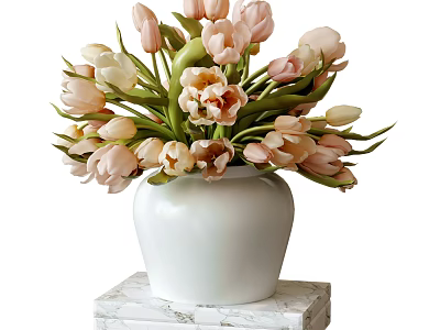 Beautiful White Vase with Fresh Pink and Beige Tulips on Marble Base 3d model