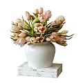 Beautiful White Vase with Fresh Pink and Beige Tulips on Marble Base