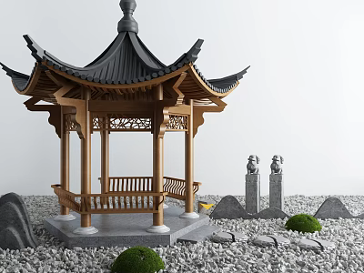 Traditional Chinese Wooden Pavilion With Tiled Roof Stone Statues And Pebble Ground 3d model
