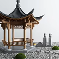 Traditional Chinese Wooden Pavilion With Tiled Roof Stone Statues And Pebble Ground