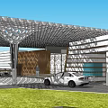 Modern Entrance Gate With Geometric Perforated Canopy Wooden Panels Glass Wall And Stone Ground