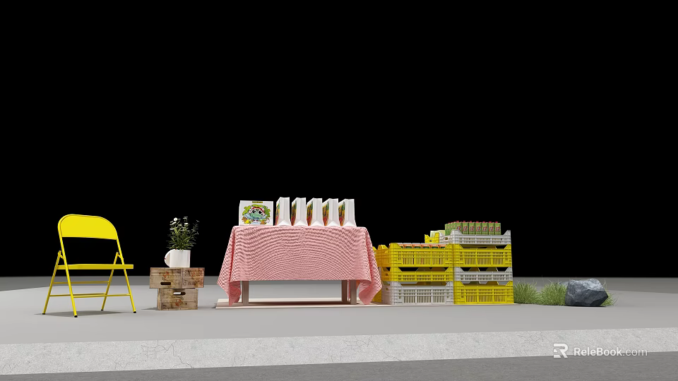 Commercial Retail Display Equipment With Pink Tablecloth Table Yellow Plastic Shelves White And Green Items 3d model 