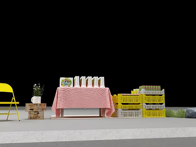 Commercial Retail Display Equipment With Pink Tablecloth Table Yellow Plastic Shelves White And Green Items 3d model