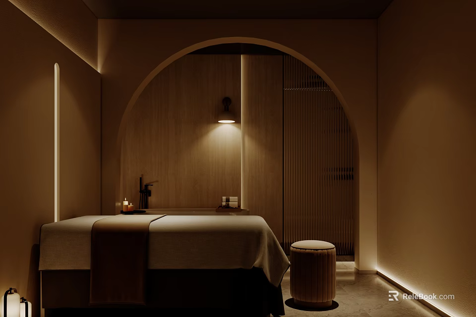 Cozy Beauty Treatment Room With Massage Bed Stool Arched Wooden Door And Warm Lighting 3d model 