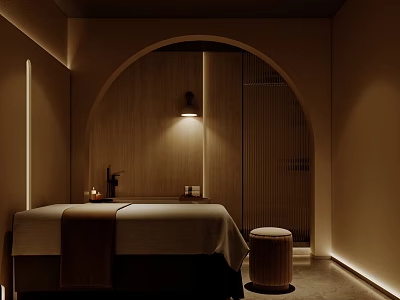 Cozy Beauty Treatment Room With Massage Bed Stool Arched Wooden Door And Warm Lighting 3d model