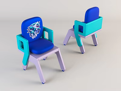Colorful Kids Chair with Blue Backrest Turquoise Armrests Purple Legs and Cartoon Pattern 3d model