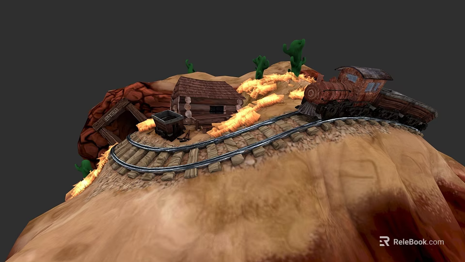 Vintage Steam Train Traveling Through Desert With Railway Tracks Small Cabin Cacti And Flames 3d model 