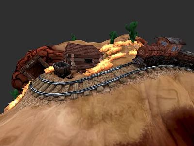 Vintage Steam Train Traveling Through Desert With Railway Tracks Small Cabin Cacti And Flames 3d model