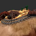 Vintage Steam Train Traveling Through Desert With Railway Tracks Small Cabin Cacti And Flames