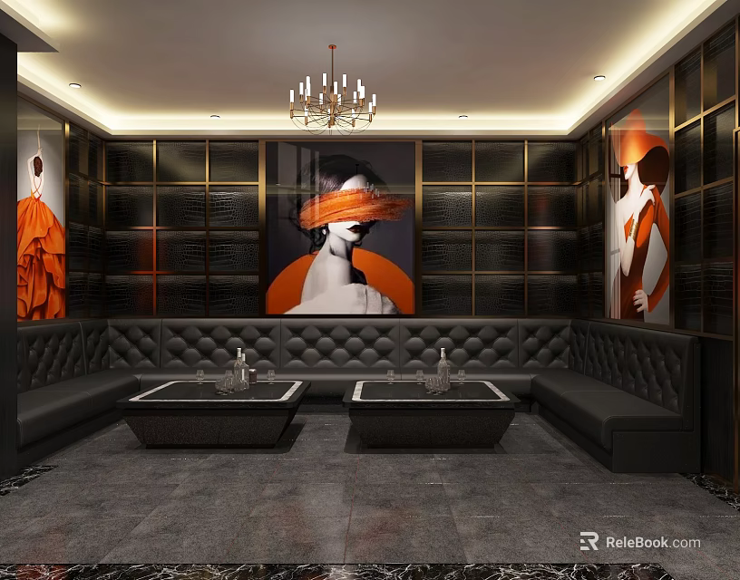 Luxurious KTV Interior Design With Black Sofa Decorative Paintings And Chandelier 3d model 