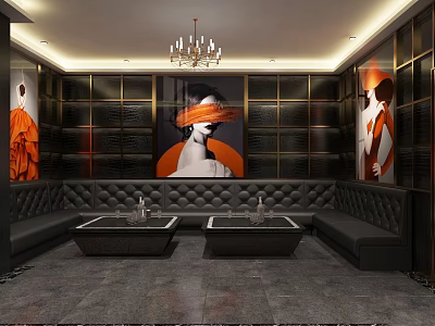 Luxurious KTV Interior Design With Black Sofa Decorative Paintings And Chandelier 3d model