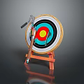 Weapons Such As Axes And Knives Embedded In Target Board With Wooden Stand