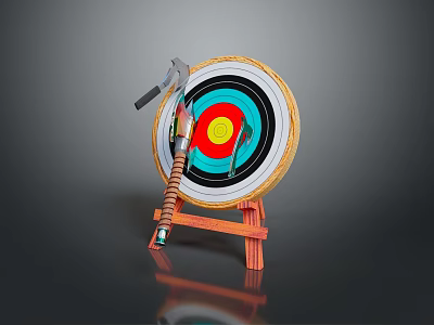 Weapons Such As Axes And Knives Embedded In Target Board With Wooden Stand 3d model