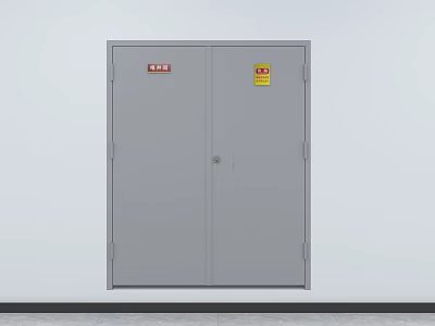 Gray Double Door With Red And Yellow Labels Lock And Frame Design 3d model
