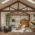 Cozy Rustic Living Room Interior With Blue Sofa White Armchairs Green Plants And Large Windows