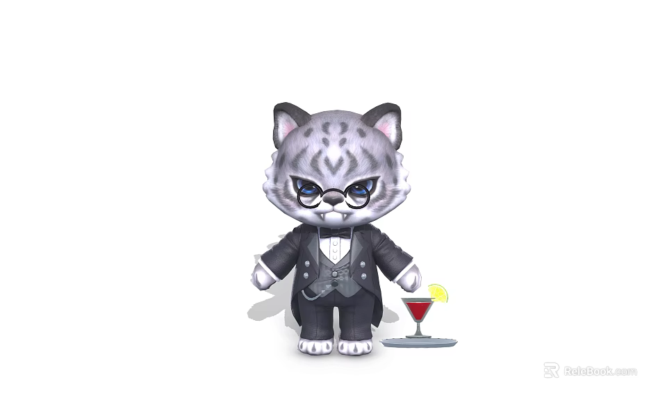 Cartoon Snow Leopard Character Wearing Black Suit And Glasses Holding Cocktail Shaker With Martini Glass 3d model 