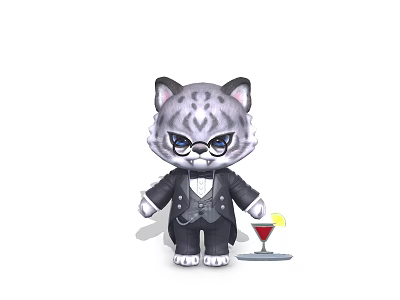 Cartoon Snow Leopard Character Wearing Black Suit And Glasses Holding Cocktail Shaker With Martini Glass 3d model