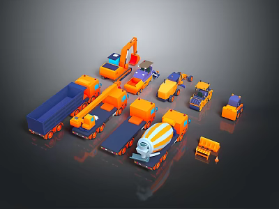 Variety of Colorful Functional Construction Vehicles Including Trucks Excavators and Cement Mixers 3d model