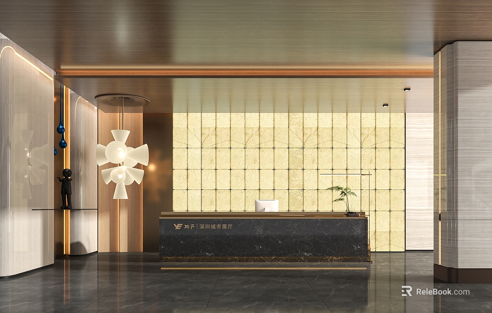 Modern Reception Desk Interior Design With Elegant Marble Wall Black Countertop And Pendant Lighting 3d model 