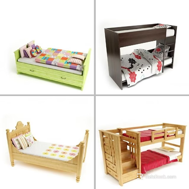 Kids Wooden Single and Bunk Beds with Green Frame and Drawers Design 3d model 