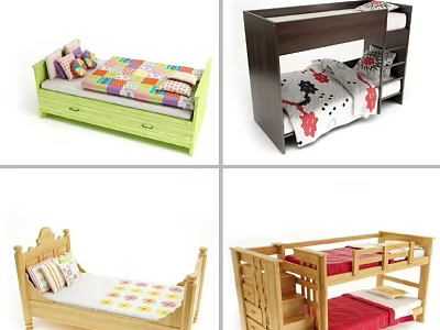 Kids Wooden Single and Bunk Beds with Green Frame and Drawers Design 3d model