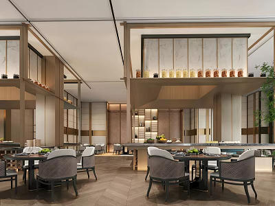 Elegant Modern Banquet Hall Interior With Dining Tables Chairs Decorative Shelves And Plants 3d model