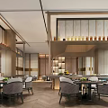 Elegant Modern Banquet Hall Interior With Dining Tables Chairs Decorative Shelves And Plants