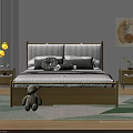 Double Bed Golden Frame Headboard Gray Checkered Pillows Bedside Tables Lamp Plant Rug Wall Art