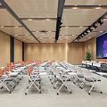 Modern Conference Room Interior With White Folding Chairs City Night View Screen And Green Plants
