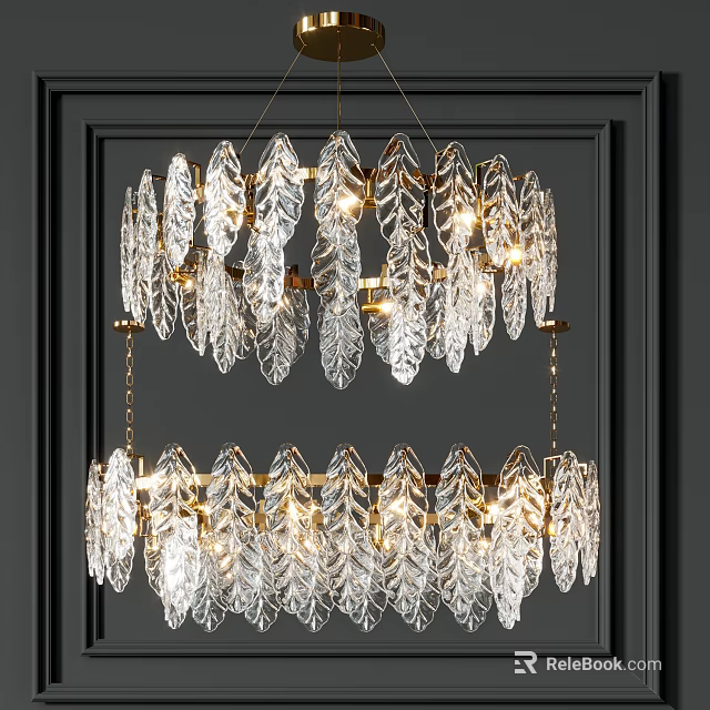 Elegant Crystal Leaf Shaped Chandelier With Double Layer Gold Frame Illuminated 3d model 