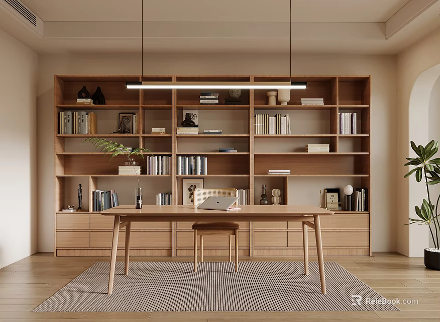 Modern Study Room Interior Design With Wooden Bookshelf Desk Stool Hanging Lights And Striped Rug 3d model 