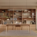 Modern Study Room Interior Design With Wooden Bookshelf Desk Stool Hanging Lights And Striped Rug