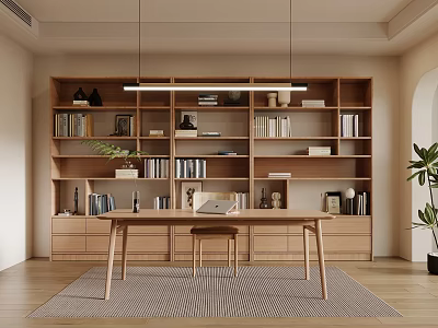 Modern Study Room Interior Design With Wooden Bookshelf Desk Stool Hanging Lights And Striped Rug 3d model