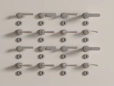 Various Types of Metal Door Handles with Different Designs Arranged in Rows 3d model