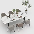 Modern Rectangular Dining Table Set With Marble Top Six Chairs Tableware And Decorative Plant 3d model
