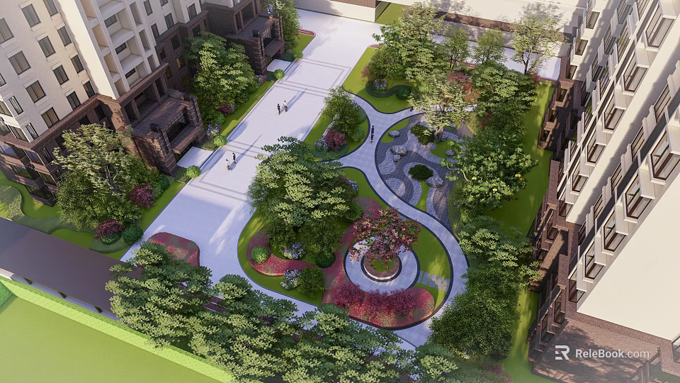 Residential Garden Landscape With Curved Pathways Green Trees And Circular Flower Bed 3d model 