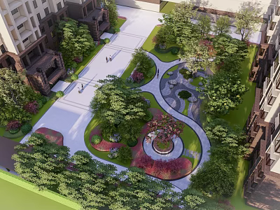 Residential Garden Landscape With Curved Pathways Green Trees And Circular Flower Bed 3d model
