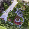 Residential Garden Landscape With Curved Pathways Green Trees And Circular Flower Bed