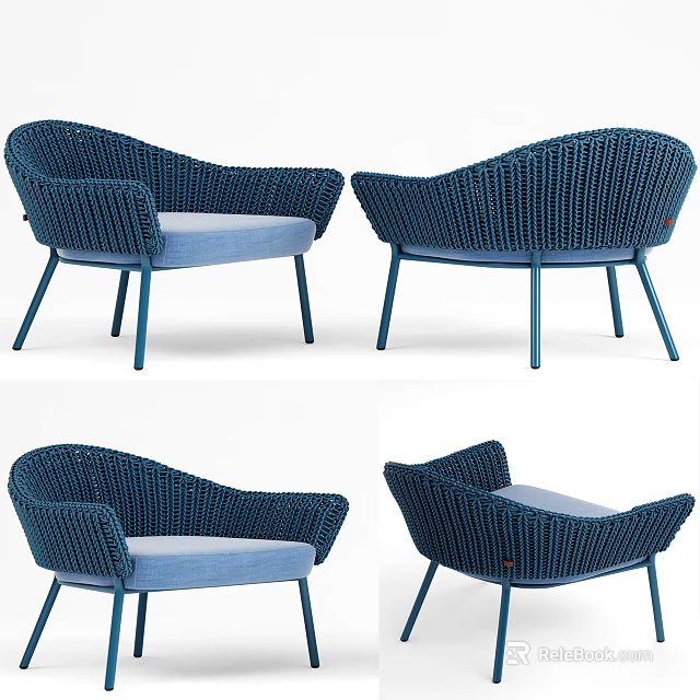 Modern Blue Rattan Leisure Chair with Light Blue Cushion and Metal Legs 3d model 