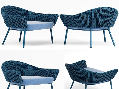 Modern Blue Rattan Leisure Chair with Light Blue Cushion and Metal Legs 3d model