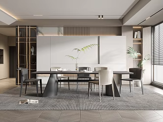 Modern Restaurant Dining Table and Chair Floor Lamp TV Wall Cream Restaurant Stairs 3d model