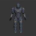 Sci Fi Armored Character In Gray Blue Mechanical Suit With Yellow Accents