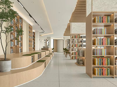 Book Art Modern Minimalist Library Interior With Wooden Bookshelves Curved Seats Colorful Books Green Plants 3d model