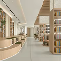 Book Art Modern Minimalist Library Interior With Wooden Bookshelves Curved Seats Colorful Books Green Plants