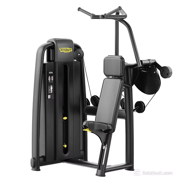 Professional Strength Training Fitness Equipment With Black Frame Yellow Accents Adjustable Seat And Weight Stack 3d model 