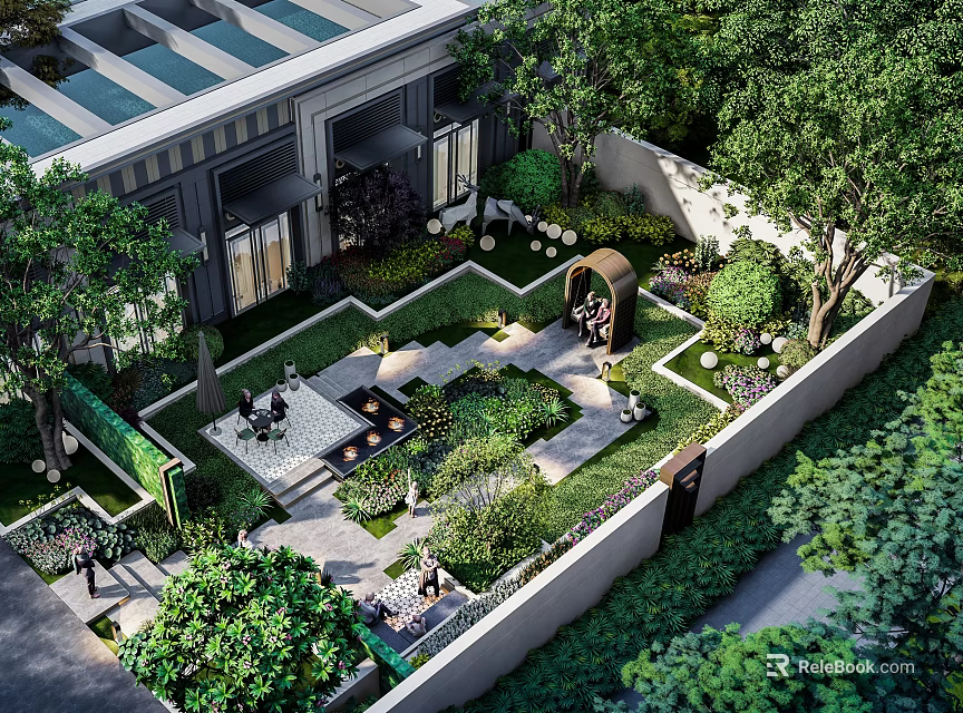 Garden Landscape Design With Lush Greenery Pathways Seating Areas And Arched Structure 3d model 