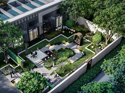 Garden Landscape Design With Lush Greenery Pathways Seating Areas And Arched Structure 3d model