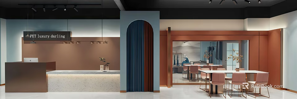 Modern Clothing Store With Archway Blue Curtain Brown Wall Front Desk Mirror Tables And Chairs 3d model 