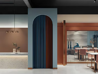 Modern Clothing Store With Archway Blue Curtain Brown Wall Front Desk Mirror Tables And Chairs 3d model