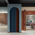 Modern Clothing Store With Archway Blue Curtain Brown Wall Front Desk Mirror Tables And Chairs